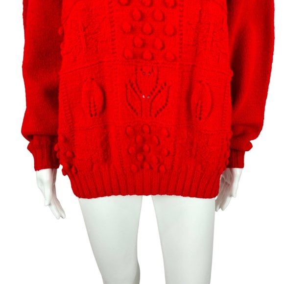 Vintage 80s Oversize Sweater Red Tulips Pom Pom's Acrylic Pullover - Picture 5 of 8